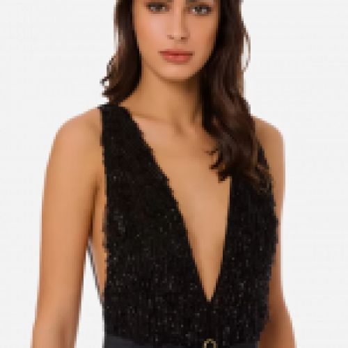Vestido largo con falda de punto lúrex dorado con cuerpo de tul negro bordado en paillettes de Elisabetta Franchi