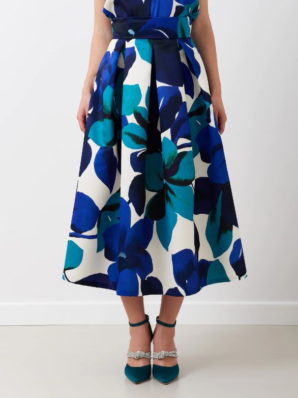 Falda con largo midi estampada con motivo floral en tonos azules y verdes de Rinascimento