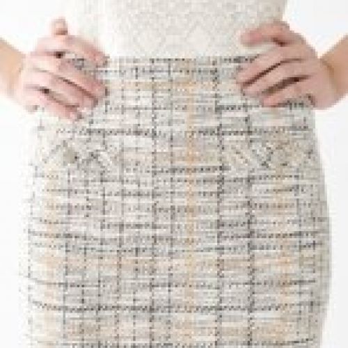 VESTIDO LARGO MIDI COMBINADO FALDA CHANEL Y CUERPO ENCAJE DE RINASCIMENTO