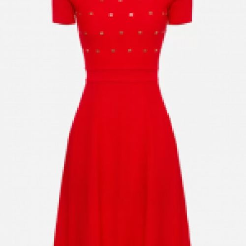 Vestido rojo de punto con detalles metálicos de logotipo en dorado de Elisabetta Frnachi