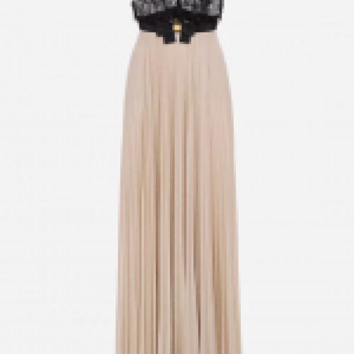 Vestido largo con falda de punto lúrex dorado con cuerpo de tul negro bordado en paillettes de Elisabetta Franchi