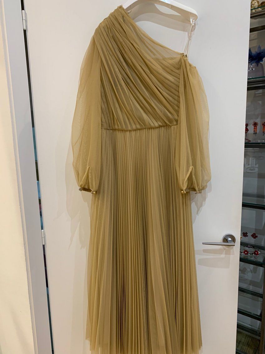 VESTIDO DE TUL COLOR ARENA LARGO MIDI DE RINASCIMENTO LUXURY