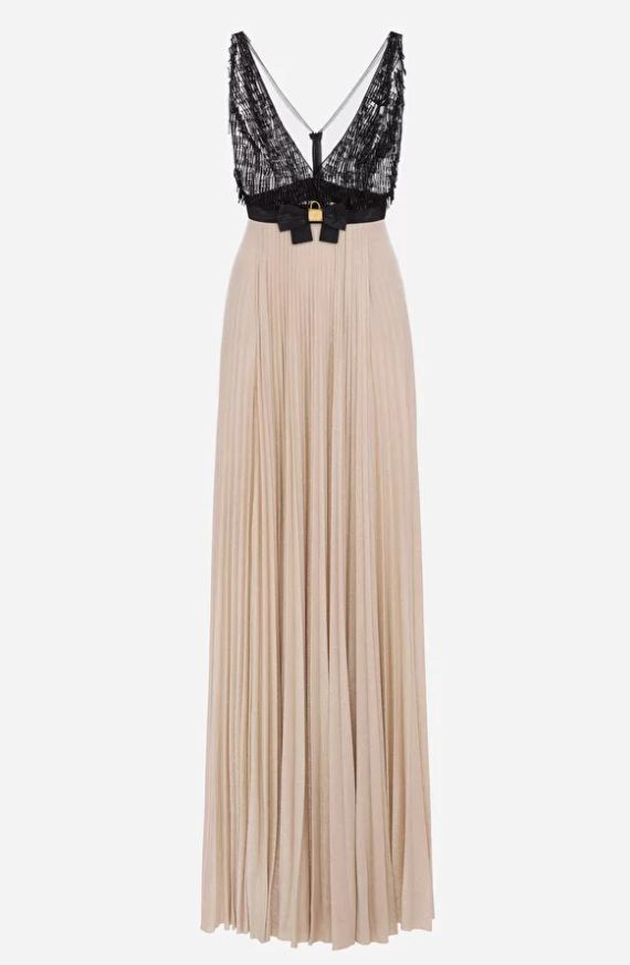 Vestido largo con falda de punto lúrex dorado con cuerpo de tul negro bordado en paillettes de Elisabetta Franchi