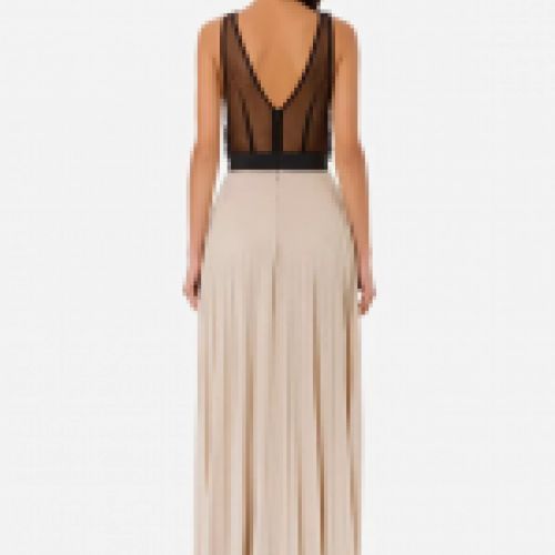 Vestido largo con falda de punto lúrex dorado con cuerpo de tul negro bordado en paillettes de Elisabetta Franchi