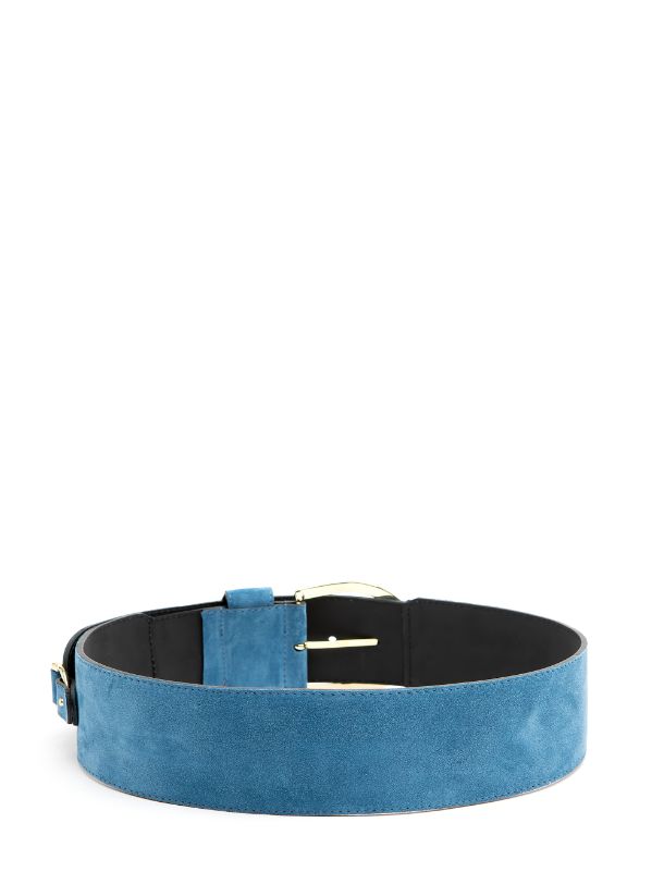 Cinturón ancho de piel en color azul serenity con pasadores en dorado, de Rinascimento