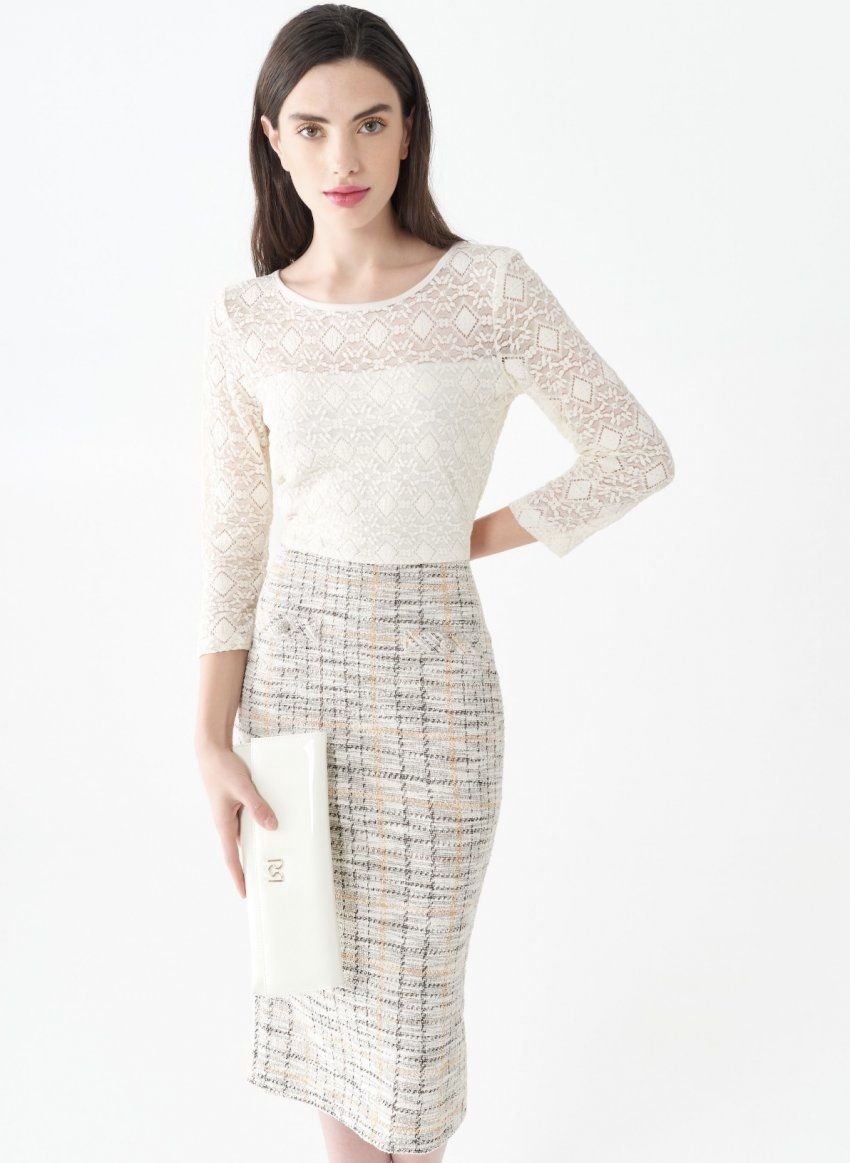VESTIDO LARGO MIDI COMBINADO FALDA CHANEL Y CUERPO ENCAJE DE RINASCIMENTO