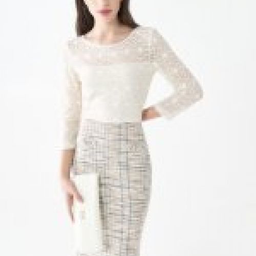 VESTIDO LARGO MIDI COMBINADO FALDA CHANEL Y CUERPO ENCAJE DE RINASCIMENTO