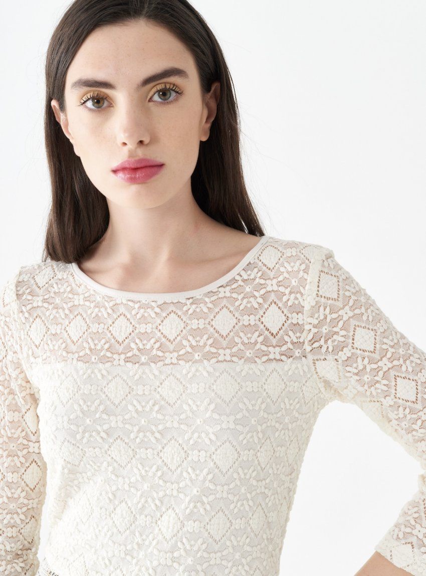 VESTIDO LARGO MIDI COMBINADO FALDA CHANEL Y CUERPO ENCAJE DE RINASCIMENTO