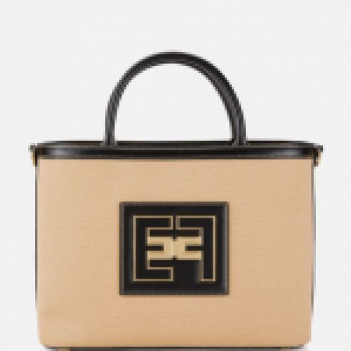 Bolso shopper de canvas en color beige con detalles en color negro y logotipo EF en chapa dorada con monederos extraíbles de Elisabetta Franchi