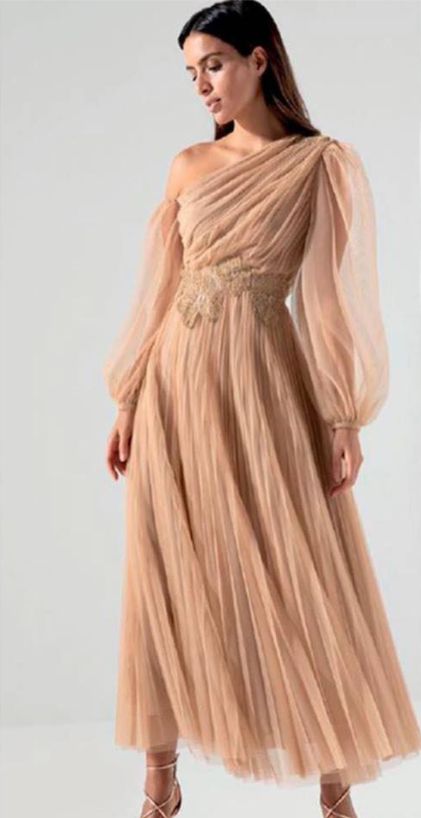 VESTIDO DE TUL COLOR ARENA LARGO MIDI DE RINASCIMENTO LUXURY