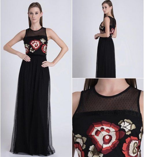 VESTIDO LARGO DE TUL NEGRO PLUMETI CON FLOR ROJA DE CRAZY LONDON